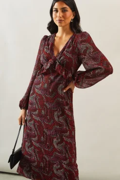 Robe Midi Imprimée à Col V avec Détail Volant