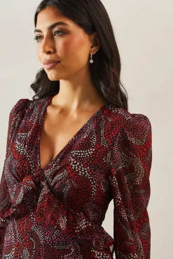 Robe Midi Imprimée à Col V avec Détail Volant