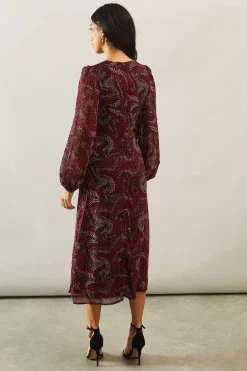 Robe Midi Imprimée à Col V avec Détail Volant