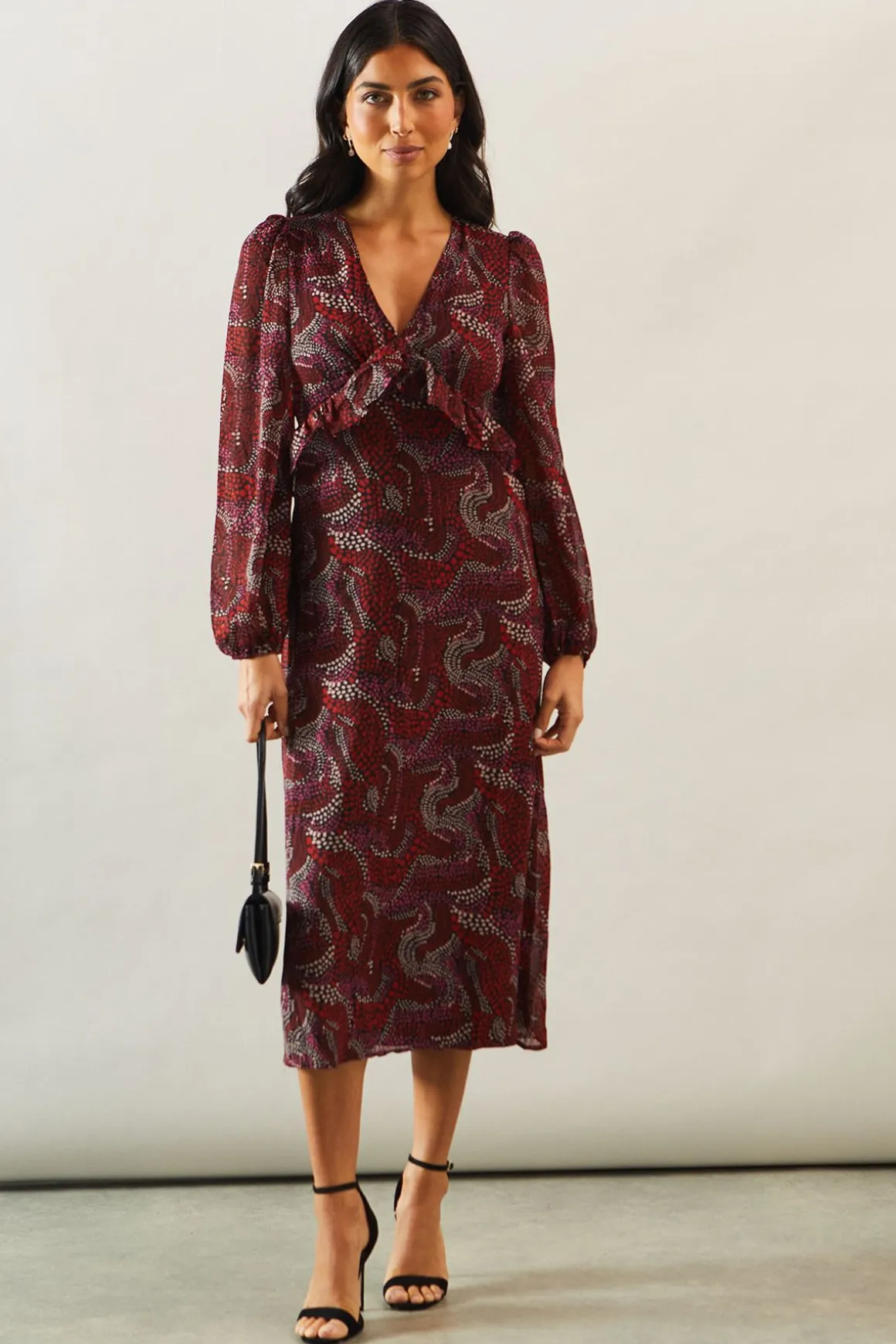 Robe Midi Imprimée à Col V avec Détail Volant