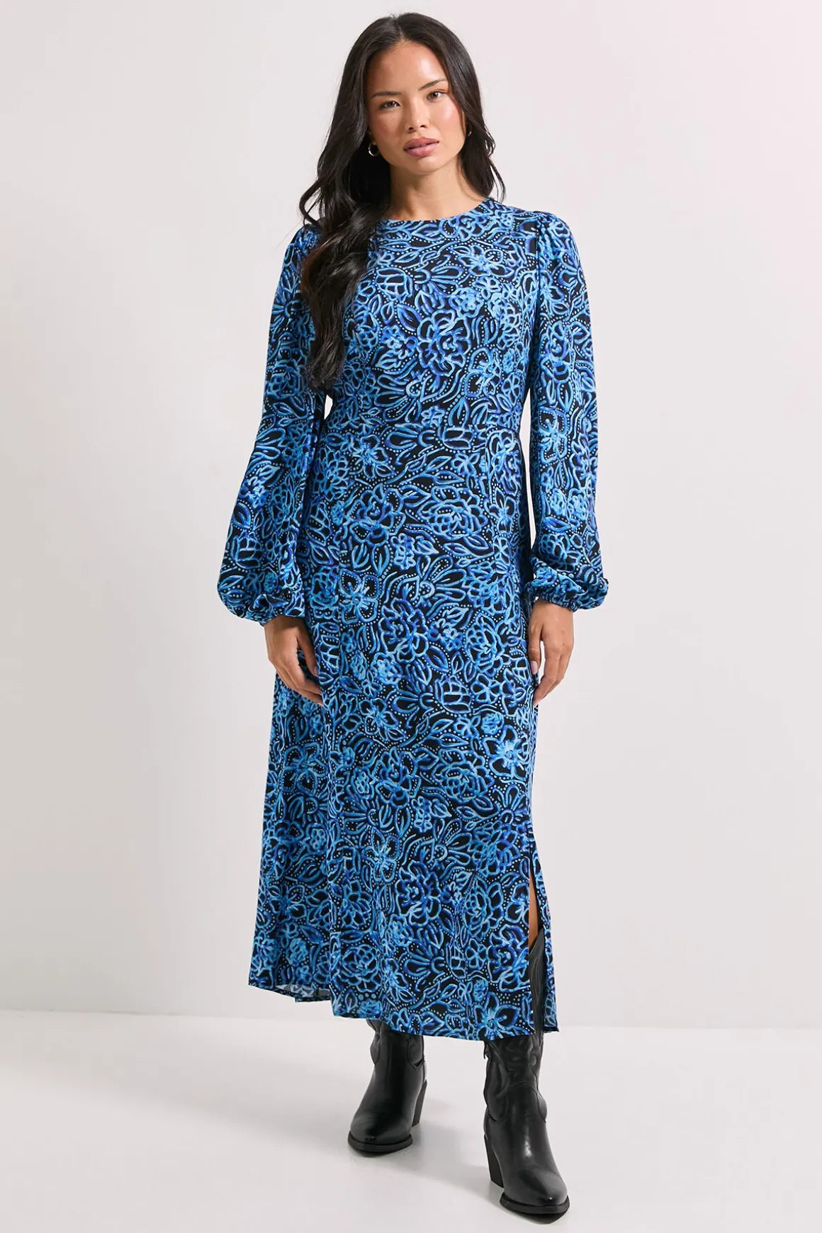 Robe Midi Imprimée Empire Bleue Florale avec Détail de Fente Couture