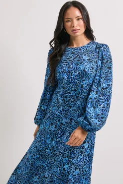 Robe Midi Imprimée Empire Bleue Florale avec Détail de Fente Couture