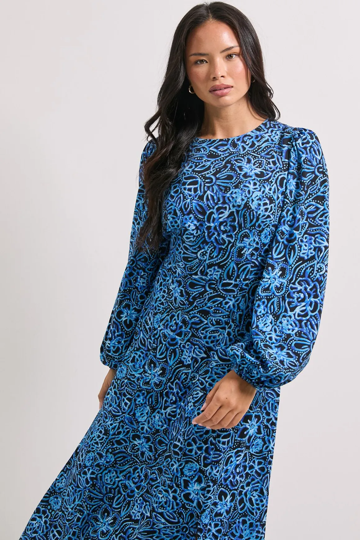 Robe Midi Imprimée Empire Bleue Florale avec Détail de Fente Couture