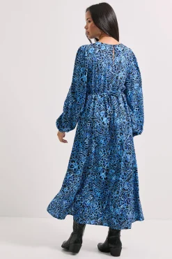 Robe Midi Imprimée Empire Bleue Florale avec Détail de Fente Couture