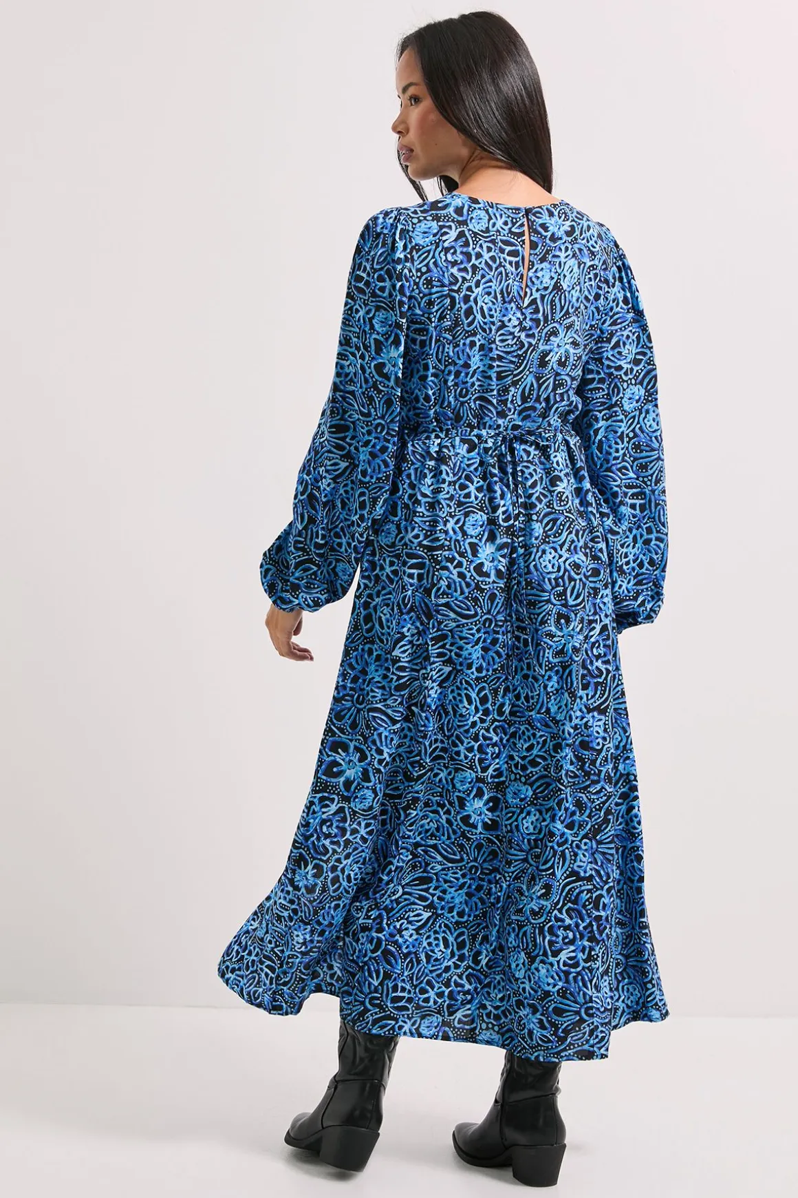 Robe Midi Imprimée Empire Bleue Florale avec Détail de Fente Couture