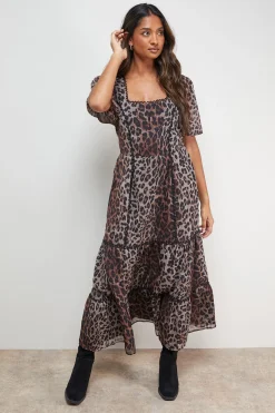 Robe Midi Imprimée à Encolure Carrée Festonnée et Manches Bouffantes