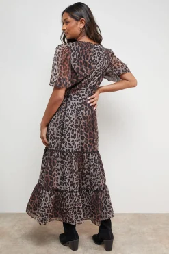 Robe Midi Imprimée à Encolure Carrée Festonnée et Manches Bouffantes