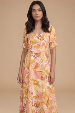Robe Midi Imprimée À Encolure Cœur Et Manches Bouffantes