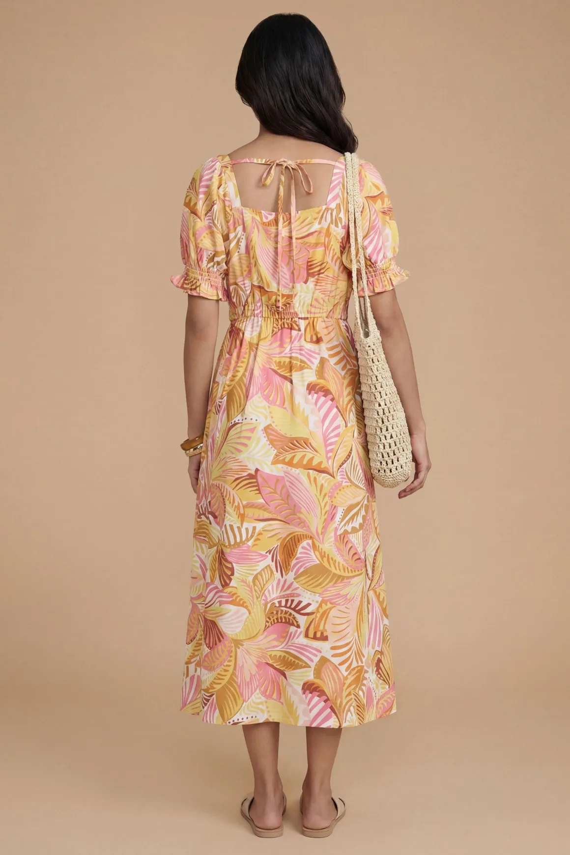 Robe Midi Imprimée À Encolure Cœur Et Manches Bouffantes