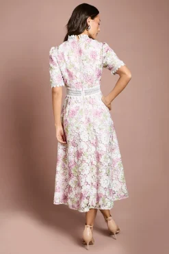 Robe Midi Imprimée En Dentelle À Manches Courtes Avec Détails De Finition