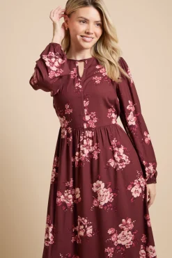 Dorothy Perkins Robe Midi Imprimée À Fleurs Baies Avec Manches Bouffantes Et Ouverture Goutte D'eau<Femme Toutes Les Robes|Robes D’Automne