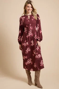 Dorothy Perkins Robe Midi Imprimée À Fleurs Baies Avec Manches Bouffantes Et Ouverture Goutte D'eau<Femme Toutes Les Robes|Robes D’Automne