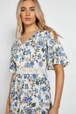 Dorothy Perkins Robe Midi Imprimée À Fleurs Bleues Avec Dentelle, Détails Boutonnés Et Manches Papillon<Femme Robes Mi-Longues|Satin Et Dentelle