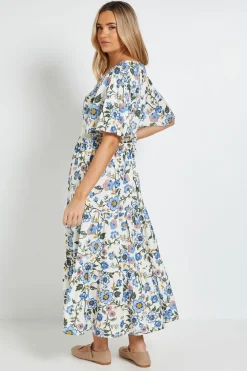 Dorothy Perkins Robe Midi Imprimée À Fleurs Bleues Avec Dentelle, Détails Boutonnés Et Manches Papillon<Femme Robes Mi-Longues|Satin Et Dentelle
