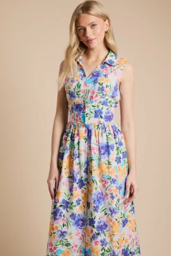 Robe Midi Imprimée Florale Boutonnée Avec Col