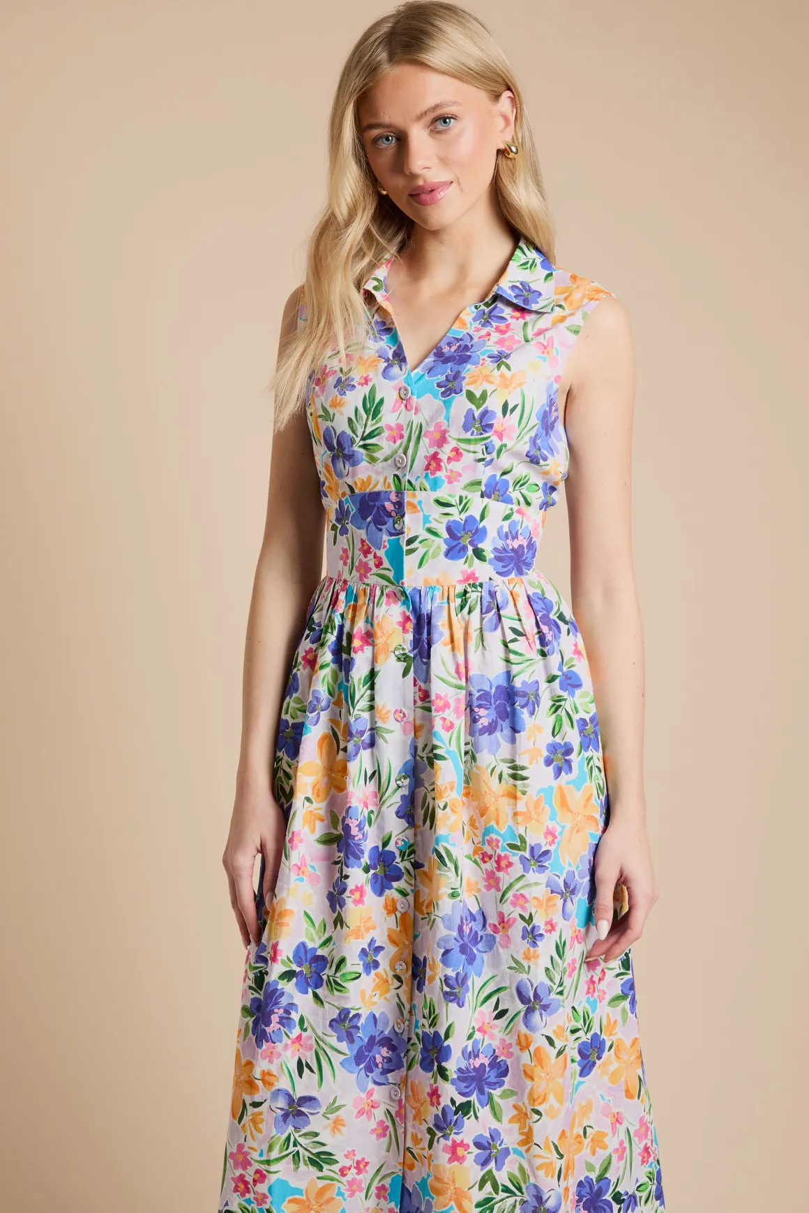 Robe Midi Imprimée Florale Boutonnée Avec Col