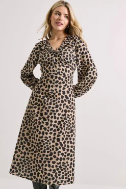 Robe Midi Imprimée à Manches Bouffantes et Col Noué