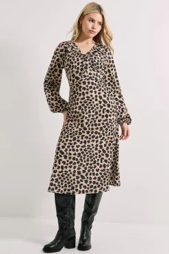 Robe Midi Imprimée à Manches Bouffantes et Col Noué