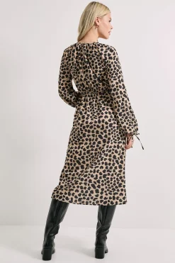 Robe Midi Imprimée à Manches Bouffantes et Col Noué
