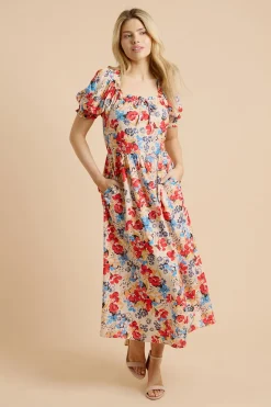 Robe Midi Imprimée À Manches Bouffantes Avec Détail De Lien Cousu Floral