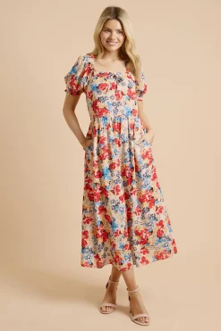 Robe Midi Imprimée À Manches Bouffantes Avec Détail De Lien Cousu Floral