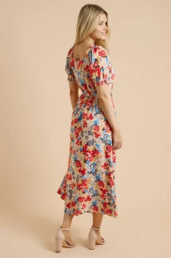 Robe Midi Imprimée À Manches Bouffantes Avec Détail De Lien Cousu Floral