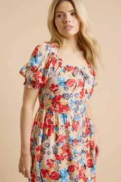 Robe Midi Imprimée À Manches Bouffantes Avec Détail De Lien Cousu Floral