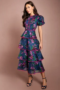 Robe Midi Imprimée À Manches Bouffantes Étagées Avec Finitions En Dentelle