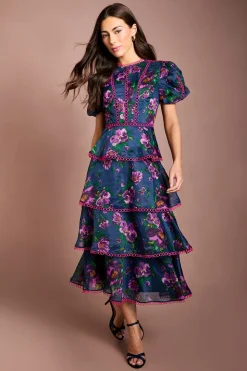 Robe Midi Imprimée À Manches Bouffantes Étagées Avec Finitions En Dentelle