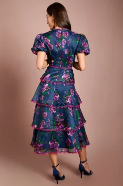 Robe Midi Imprimée À Manches Bouffantes Étagées Avec Finitions En Dentelle