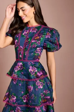Robe Midi Imprimée À Manches Bouffantes Étagées Avec Finitions En Dentelle