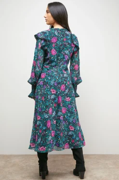 Robe Midi Imprimée à Manches Froncées Style Tea Dress
