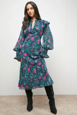 Robe Midi Imprimée à Manches Froncées Style Tea Dress