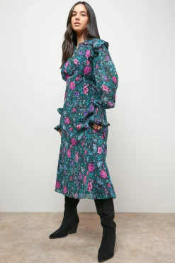 Robe Midi Imprimée à Manches Froncées Style Tea Dress