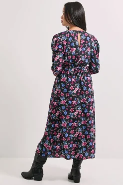 Robe Midi Imprimée à Manches Longues avec Détails en Dentelle Florale Noire