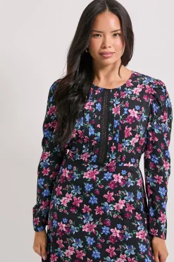 Robe Midi Imprimée à Manches Longues avec Détails en Dentelle Florale Noire