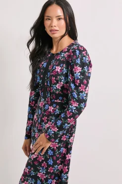 Robe Midi Imprimée à Manches Longues avec Détails en Dentelle Florale Noire