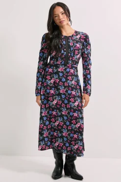 Robe Midi Imprimée à Manches Longues avec Détails en Dentelle Florale Noire