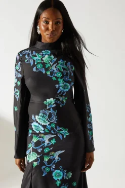 Robe Midi Imprimée à Manches Longues et Col Montant