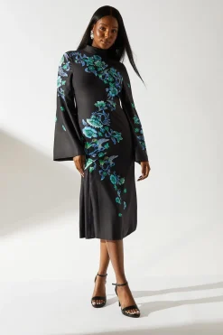 Robe Midi Imprimée à Manches Longues et Col Montant
