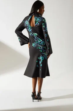 Robe Midi Imprimée à Manches Longues et Col Montant