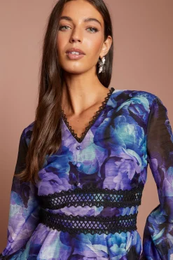 Robe Midi Imprimée À Manches Longues Col En V Et Basque