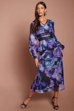 Robe Midi Imprimée À Manches Longues Col En V Et Basque