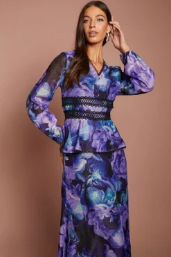 Robe Midi Imprimée À Manches Longues Col En V Et Basque