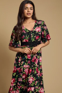 Robe Midi Imprimée À Manches Papillon Avec Détails Boutons Et Finitions Dentelle Florale Noire Petite