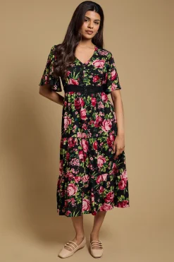 Robe Midi Imprimée À Manches Papillon Avec Détails Boutons Et Finitions Dentelle Florale Noire Petite