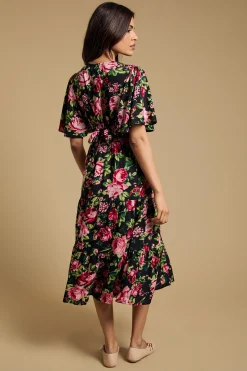 Robe Midi Imprimée À Manches Papillon Avec Détails Boutons Et Finitions Dentelle Florale Noire Petite