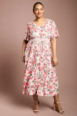 Robe Midi Imprimée À Manches Papillon Avec Détails De Boutons Et Bordure En Dentelle