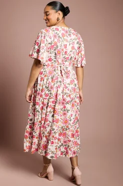 Robe Midi Imprimée À Manches Papillon Avec Détails De Boutons Et Bordure En Dentelle