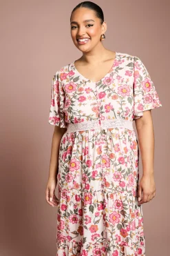 Robe Midi Imprimée À Manches Papillon Avec Détails De Boutons Et Bordure En Dentelle